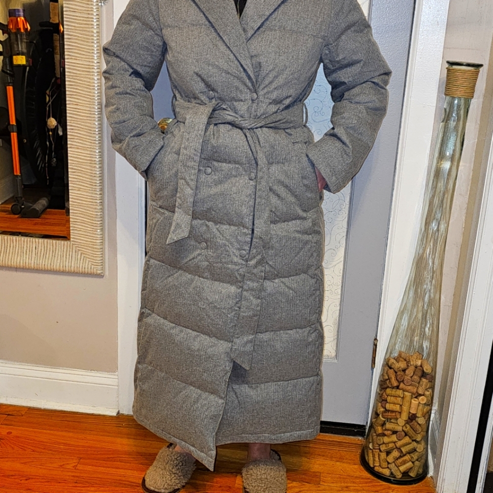 New down long belted coat from  Russiian  brand .Gray color 70 feather  30 down